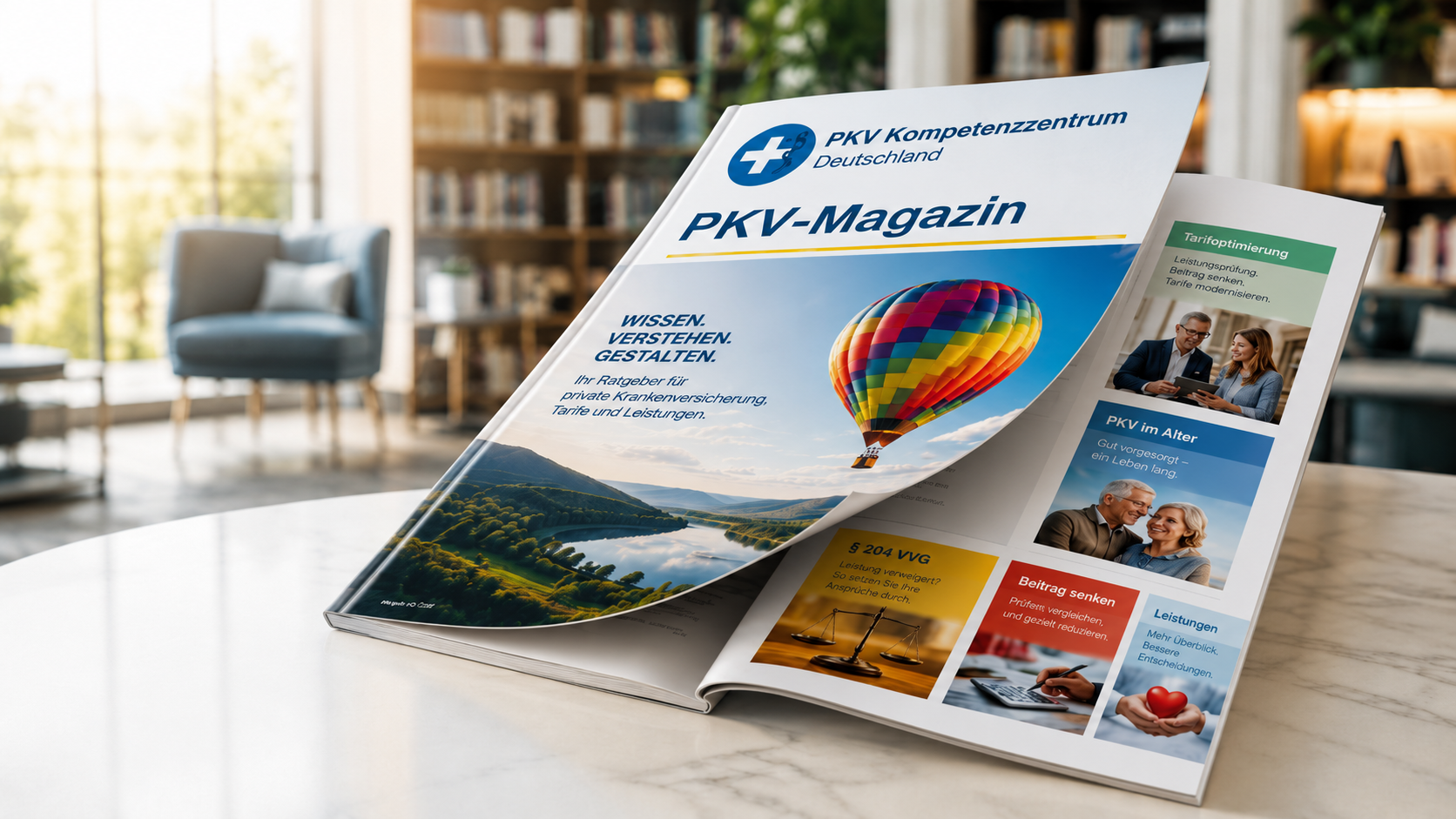 Aufgeschlagenes PKV-Magazin des PKV Kompetenzzentrum Deutschland mit Beiträgen zu Tarifoptimierung, § 204 VVG, PKV im Alter und Leistungen