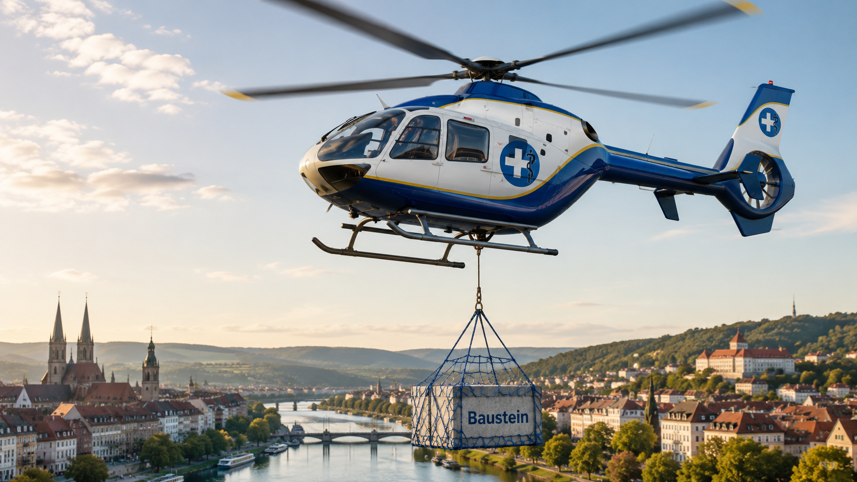 Beitragsentlastungstarif: Hubschrauber transportiert einen Baustein im Corporate Design