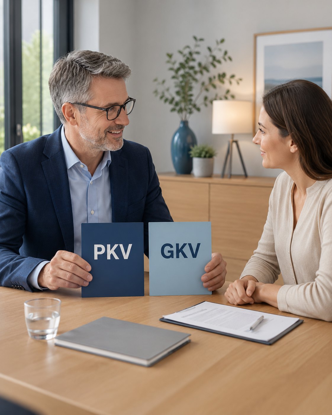 Beratungsgespraech zum Vergleich von PKV und GKV mit Unterlagen zur privaten und gesetzlichen Krankenversicherung