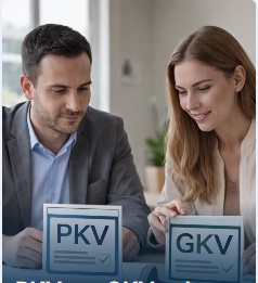Paar mit PKV- und GKV-Symbolen als Vergleich von privater und gesetzlicher Krankenversicherung
