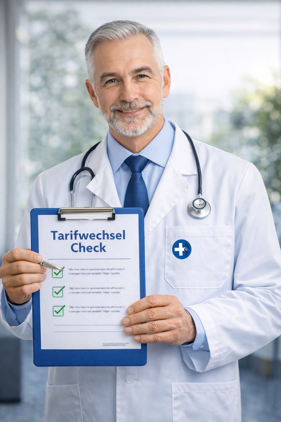 Arzt mit Checkliste für den PKV Tarifwechsel Check
