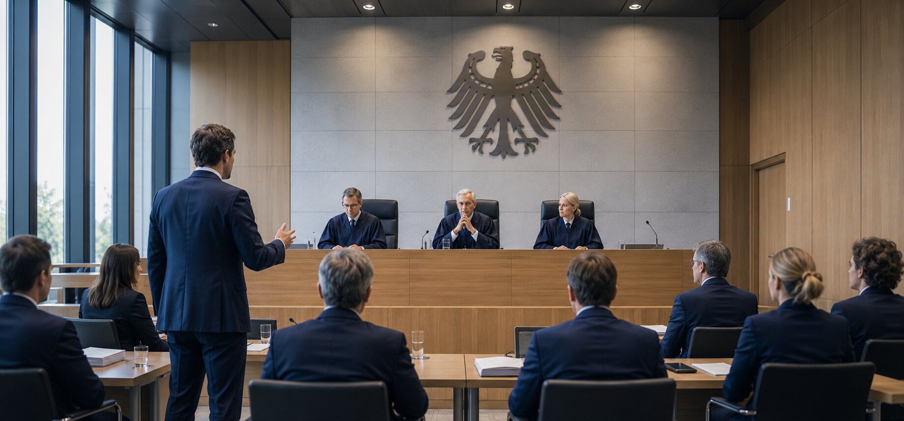 Moderner Gerichtssaal mit drei Richtern und einem vortragenden Rechtsanwalt